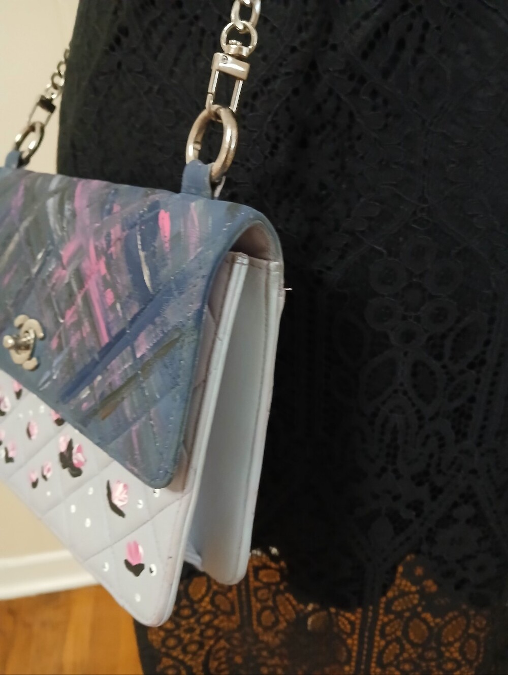 Chanel Two-Tone Quilted Flap Bag with Painted Floral Detail - Picture 6 of 16